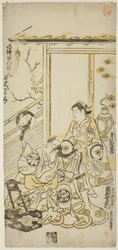 The Actors Tamazawa Saijiro I as Oiso no Tora and Ichimura Uzaemon VIII as Soga no Juro in the play "Haru wa Akebono Kuruwa Soga," performed at the Ichimura Theater in the first month, 1743