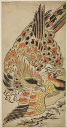 飛行中のクレーンを捕まえるタカ、1715年頃（手描きの木版画）