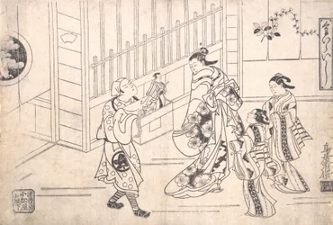 俳優の八代目市村武之丞が操り人形師の役割を演じ、人形をクールに見せています..., ca. 1715年。