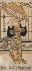 八代目市村羽左衛門（1699-1762）の日傘をさした女性の姿です。