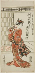 宝暦9年（1759）11月、市村座で上演された『大國染主税』の茜御前役、花川一之丞。