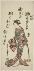 宝暦9年（1759）7月、市村座で上演された『片木内最上稲船』の桃園役、初代佐野川市松。