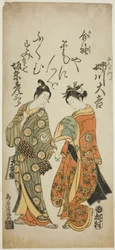 宝暦10年（1760）6月、市村座で上演された『曽我万年柱』の三勝役・姉川大吉と半七役・二代目坂東彦三郎