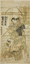 明和4年（1767）9月、中村座で上演された『照明無縁の鐘』のお六役・三代目松本幸四郎と藤太郎役・二代目坂東彦三郎