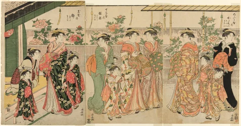 中之町で牡丹を鑑賞する吉原の遊女とその従者たち