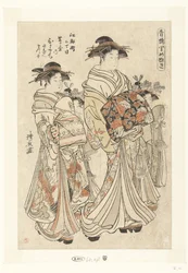 Courtisane Hitomachi uit het Tsutaya huis met haar kamuro Sanae en Matsuyo Edocho nichome Tsutaya uchi Hitomachi Sanae Matsuyo (title on object) Belangrijke personen uit de lusthuizen (series title) Seiro satomenuki (title on object)