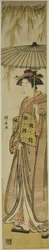 柳の木の下で日傘をさす芸者