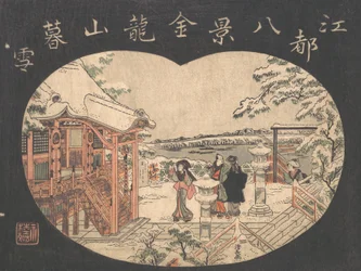 寺院の外の人物と雪景色。
