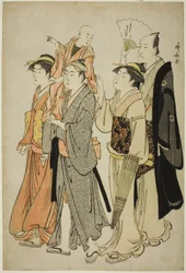 俳優の私生活を描いた 4 枚の無題の版画シリーズから、5 代目俳優市川團十郎とその家族
