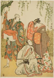The Actors Ichikawa Yaozo III as Shiragiku, Ichikawa Danjuro V as the puppeteer Dekurokubei, and Sawamura Sojuro III as Soga no Juro, in the joruri "Shinobukoi Yanagi no Katsura Otoko," performed at the Nakamura Theater in the first month, 1785