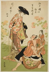 The Actors Iwai Hanshiro IV as Kuzunoha, Ichikawa Yaozo III as Yakanpei, and Ichikawa Ebizo IV as Abe no Doji, in the play "Ashiya Doman Ouchi Kagami," performed at the Nakamura Theater in the ninth month, 1784