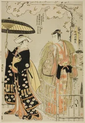 The Actors Sawamura Sojuro III as Kusunoki Masatsura and Arashi Murajiro as Ben no Naishi, in the shosa "Sode Furu Yuki Yoshino Shui," performed at the Nakamura Theater in the eleventh month, 1786