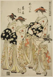 扇屋の遊女花扇と従者の吉野、龍田 「ファッションモデル ひながたわかなのはつもよう」より