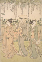 小川のほとりの藤棚の下にいる3人の女性と小さな男の子、1790年頃。