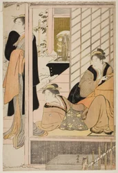 客間から雪の庭を眺める女性たち