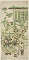 The Actors Bando Hikosaburo I as Araki Shozaemon and Nakamura Sukegoro I as Daidoji Tahatanosuke in the play "Chigozakura Futabajikki," performed at the Ichimura Theater in the tenth month, 1746
