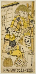 The Actors Ichikawa Danjuro II as Onio Shinzaemon and Ichikawa Masugoro as Soga no Goro in the play "Furiwake-gami Hatsugai Soga," performed at the Ichimura Theater in the first month, 1735