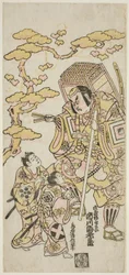 The Actors Ichikawa Ebizo II as Musashibo Benkei, Sakata Shintaro (?) as Soga no Goro, and Takigawa Kinya (?) as Soga no Juro in the play "Sazareishi Suehiro Genji," performed at the Nakamura Theater in the first month, 1744