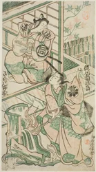 The Actors Sanogawa Ichimatsu I as Ike no Shoji and Segawa Kikujiro I as Hitachi Kohagi in the play "Mangetsu Oguri Yakata," performed at the Ichimura Theater in the eighth month, 1747