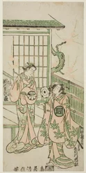 延享4年（1747）11月、市村座で上演された『朱世紅葉狩』の源頼政役・初代佐野川市松と信綱の妻・かるも役・初代瀬川菊次郎。