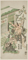 延享4年（1747年）11月、市村座で上演された『朱世紅葉狩』の信綱の妻・かるも役の初代瀬川菊次郎と田原又太郎役の初代大谷鬼次。