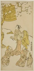 The Actors Segawa Kikunojo II, Ichikawa Komazo II, and Arashi Otohachi I in the play "Fude Hajime Soga no Tamazusa," performed at the Nakamura Theater in the first month, 1768