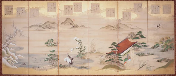 定家の十二ヶ月詩（紙本、墨、彩色、金箔、六曲屏風）