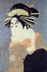 片木内法合噺」の花魁・毛羽坂之丞（しのぶ）を演じる松本米三郎、1794～95年頃（木版画）（180628参照