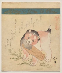 干し鮭のスライスを持った子犬