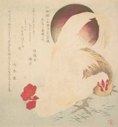 朝日と雄鶏と雌鶏、1800年頃。