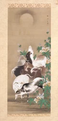 ヤギと月（シルクに墨と彩色）