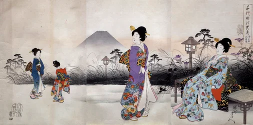 富士山の前を歩く日本の女性たち 豊原親展（1838-1912）の日本の版画 1896年 個人蔵