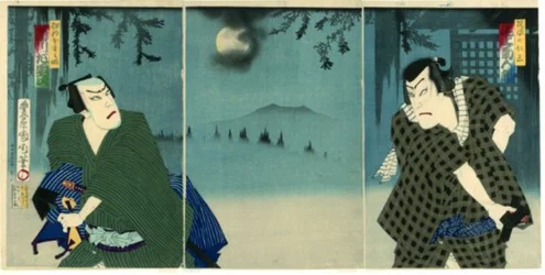 Onoe Kikugorō V as Daiba no Jinzō and Ichikawa Sadanji I as Itamiya Jubei