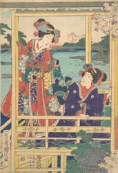 池のある春の庭の二人の美女、カリフォルニア州。 1864年2月。