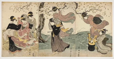 日本美術: 風の中の花 (女性と男性が木の枝から吹流しを垂らしているシーン) - 版画 歌川豊国 (1769-1825) リノカット (37.8x75.9 )、1797-1800 年頃 - ホノルル アカデミー オブ アーツ