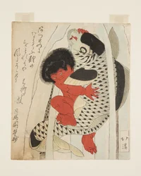 鯉と戦う金時（カラー木版画