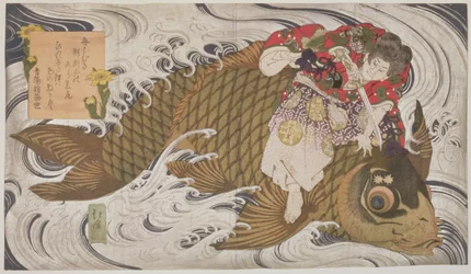 P.375-1937 12世紀の英雄弁慶、1830年頃の木版画、巨大な鯉、摺物二連祭壇を越えた鬼岩マラ（1830年頃の木版）