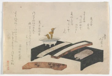 書き物机を描いた摺物、江戸時代、1800-10年頃（カラー木版画）