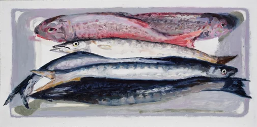 魚の木箱3（ビリングズゲート、ロンドン）2016年（油彩・板）