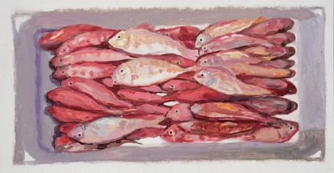 魚の木箱4（ビリングズゲート、ロンドン）2016年（油彩・板）
