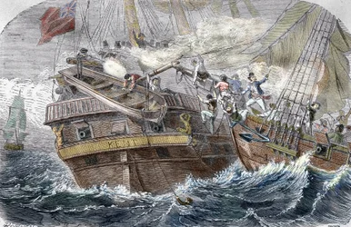 Capture of the Kent”” by the French privateer Robert Surcouf (1773-1827) on the ship “” La Confidence”” on 7/10/1800 in the Gulf of Bengal”” (Fight between the French Confidence (Robert Surcouf) and the HMS Kent in the bay of the Bengal, 7th October 1800) 