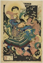 蒲生貞秀の下僕、土岐元貞が稲花山で魔王を地面に投げ飛ばす（『新形三十六怪撰』より）