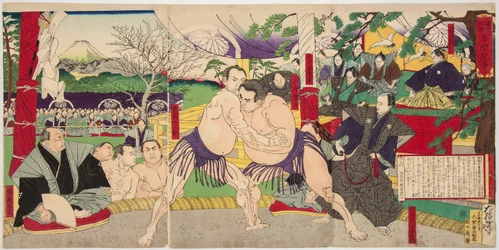 大相撲の小柳常吉と荒馬大五郎の戦い。月岡芳年（1839-1892）の版画