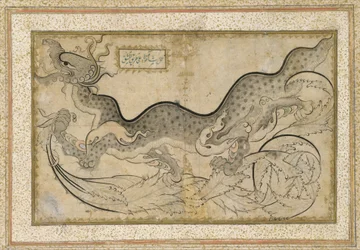 紅葉の中のドラゴンの「サズ」スタイルのドローイング、c.1540-50（インク、不透明な水彩画、紙に金）