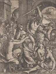 ミューズ神殿からアヴァリースを追うヘラクレス。 1520-27。