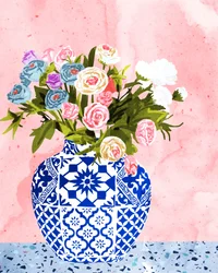 青い花瓶に咲く花々