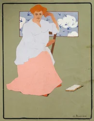 窓の前の女性（春）』1908年頃、ウンベルト・ボッチョーニ（1882-1916）作、厚紙にテンペラ、37x29cm