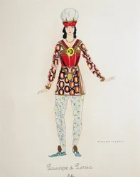 ジャコモ・プッチーニ作「トゥーランドット」のペルシャ王子の衣装、ウンベルト・ブルネレスキ（1879-1949）によるスケッチ、ミラノのスカラ座でのオペラの初演、4月25日