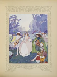 フルートとバグパイプの音に合わせて踊る羊飼いと羊飼いがいました。「Contes du Temps Jadis」または「Tales from Times Past」のイラスト、p.74
