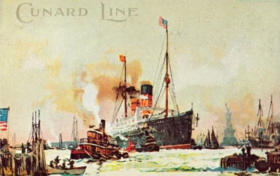 Cunard occean linerが米国ニューヨーク市ノースリバーc1900に入る